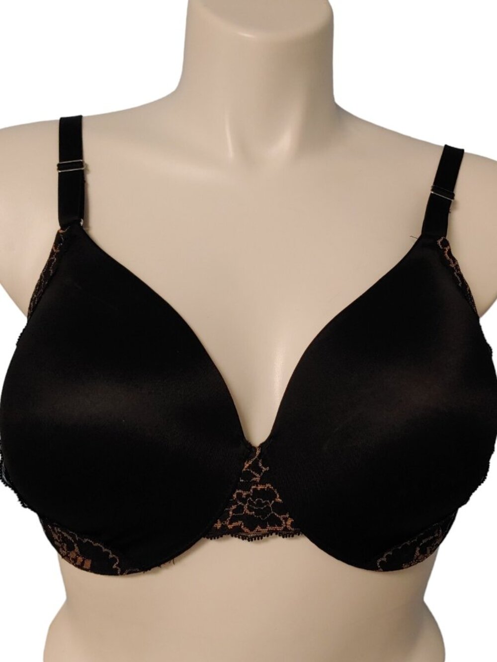 Soma Vanishing Back Full Coverage Bra 38DD Black Gold Lace Trim Underwire Padded